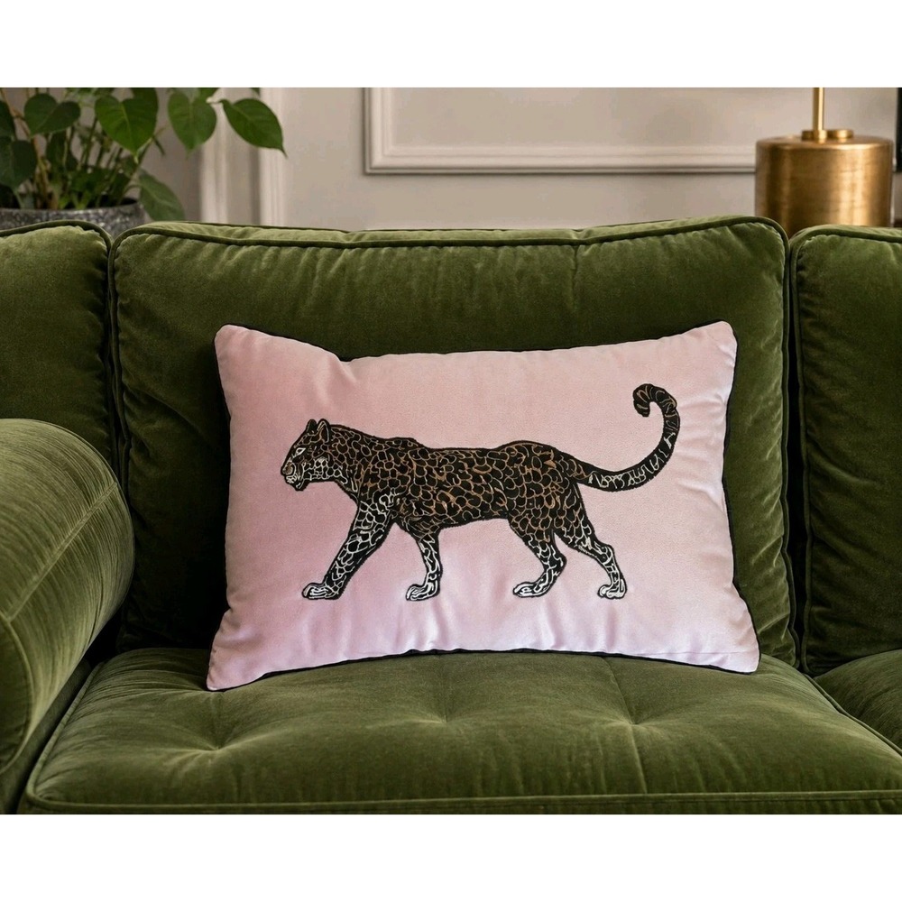 Bebe Blush Pink Velvet Leopard Lumbar Pillow Embroidered Cheetah Boho‎ Chic